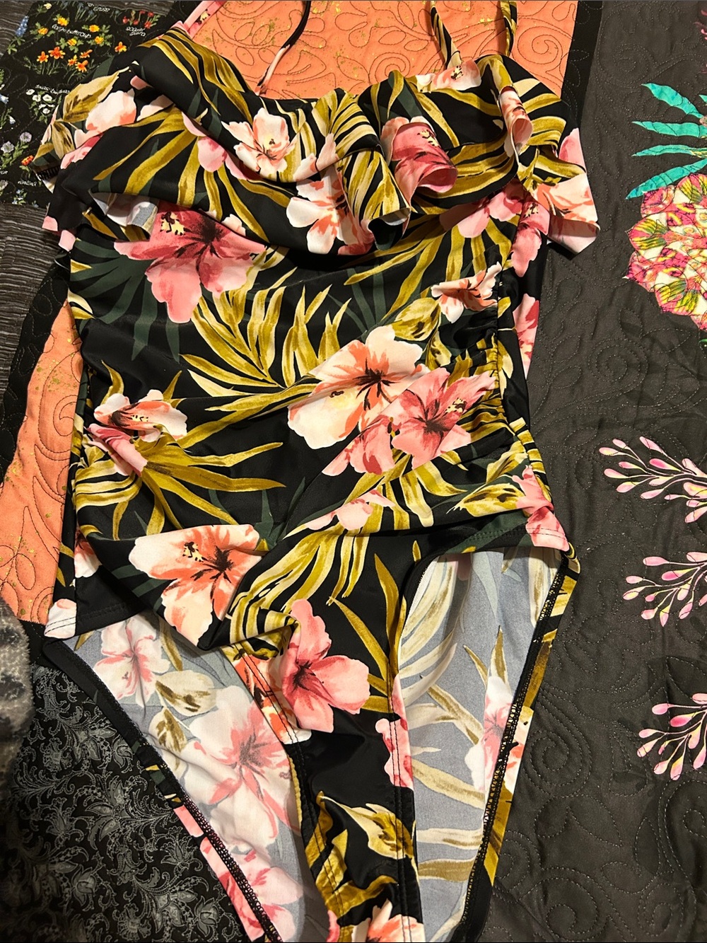 Black Floral One-Piece Swimsuit with Ruffle Neckline - Excellent Condition